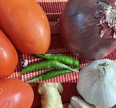 Onion, Ginger, Garlic, Chilies, and tomatoes